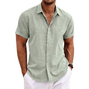 Men's Linen‎ Shirts Short Sleeve Casual Shirts Button Down Shirt for Summer
